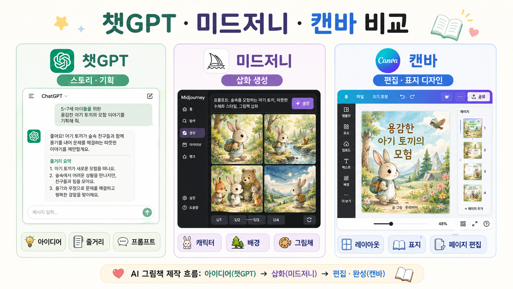 AI 그림책 만들기 도구 챗GPT 미드저니 캔바 비교