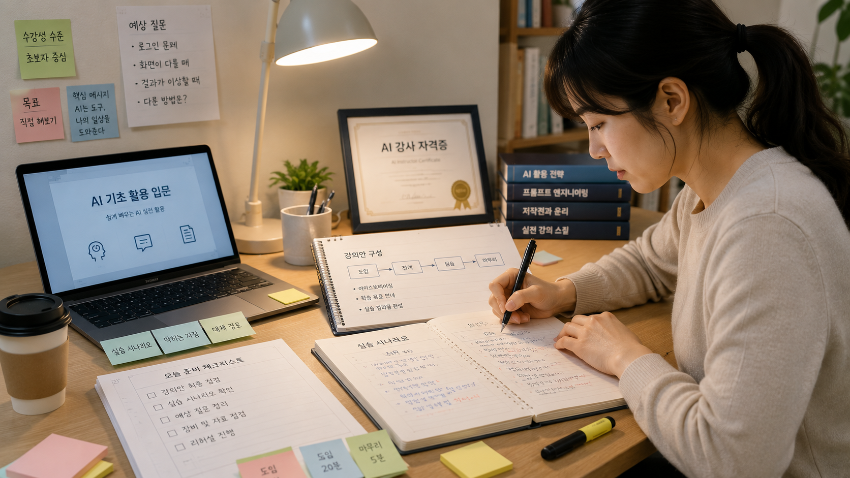 AI 강사 자격증 취득 후 첫 강의를 준비하는 강사의 책상