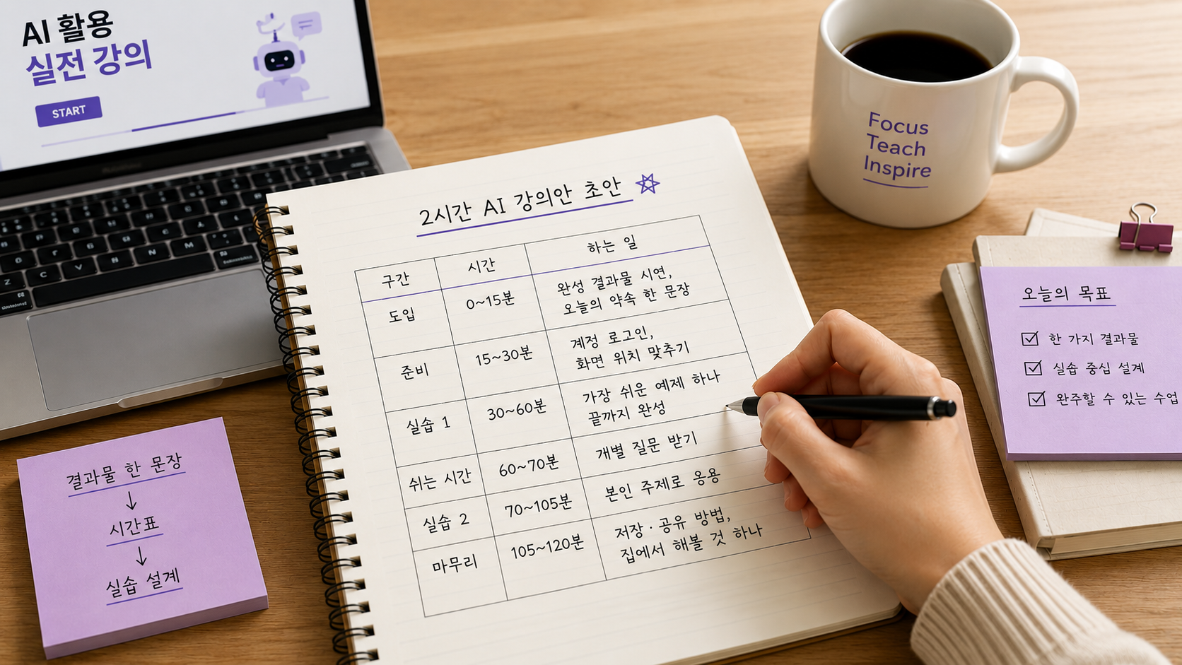 AI 강의안 초안을 노트에 정리하는 강사 책상