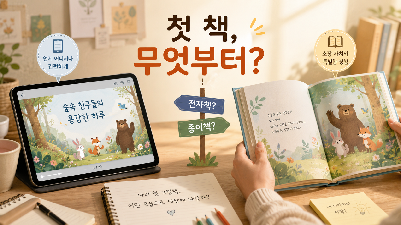 AI 그림책 출판을 준비하며 전자책과 종이책을 비교하는 모습