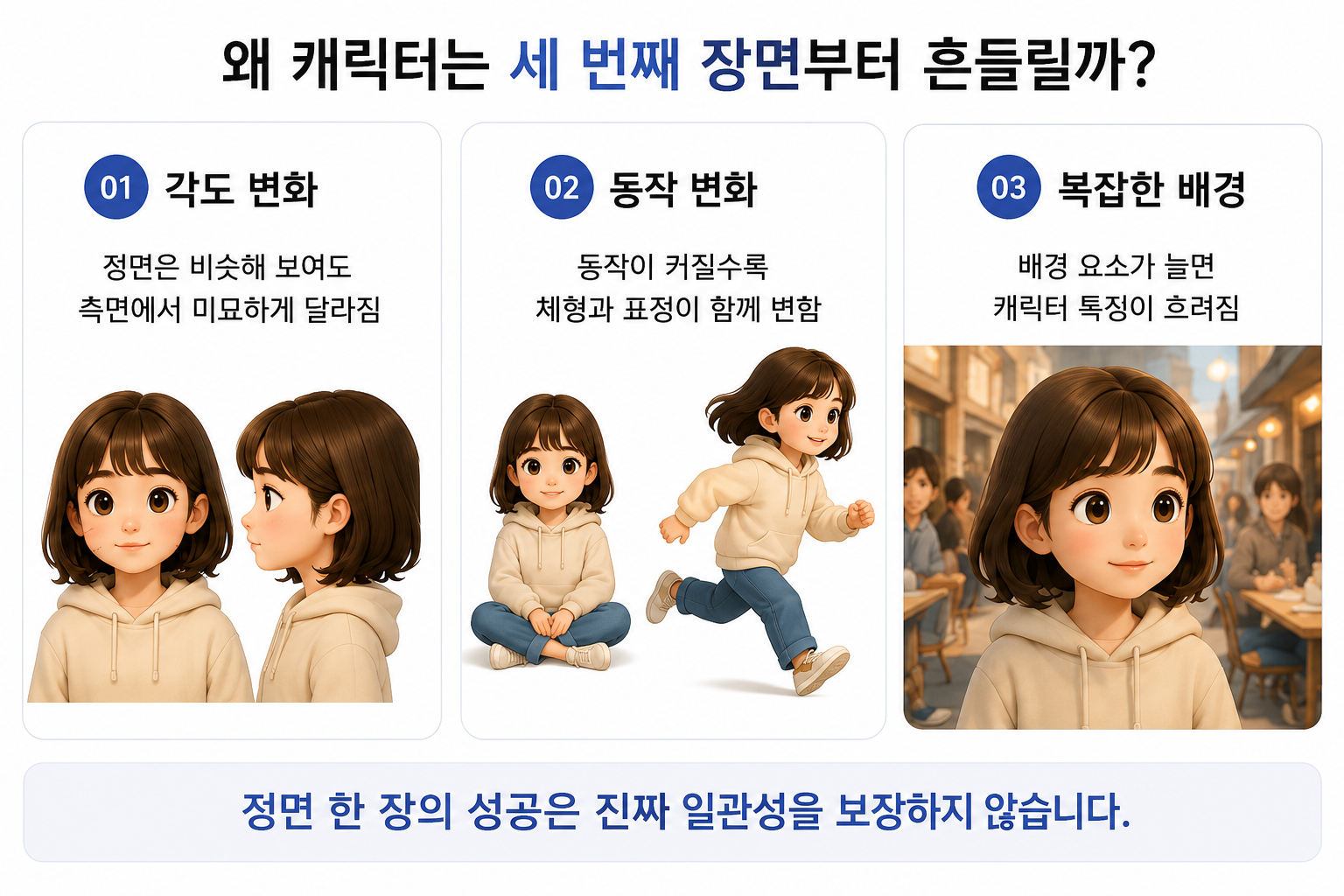 캐릭터 일관성 정면과 측면 얼굴 비교 일러스트