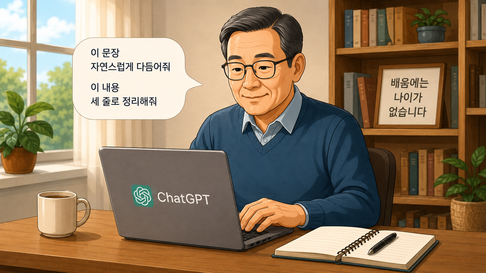 50대 챗GPT 학습을 시작하는 중장년 학습자 일러스트