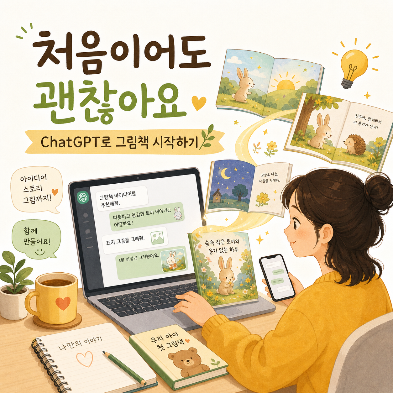 챗GPT로 그림책 만드는 과정을 보여주는 일러스트