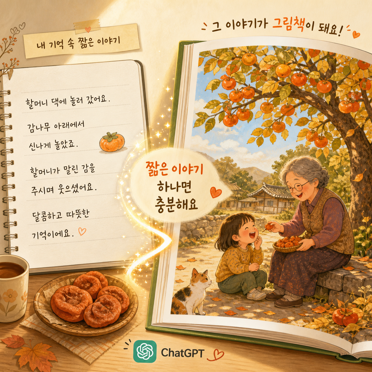 감나무 아래 할머니와 손녀를 그린 그림책 예시 