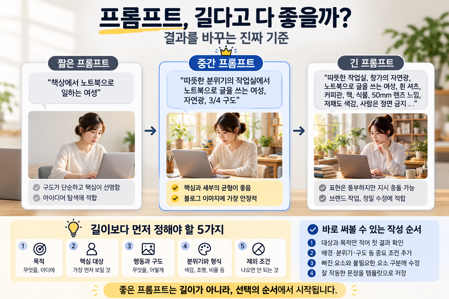 짧은 중간 긴 AI 프롬프트 결과 비교