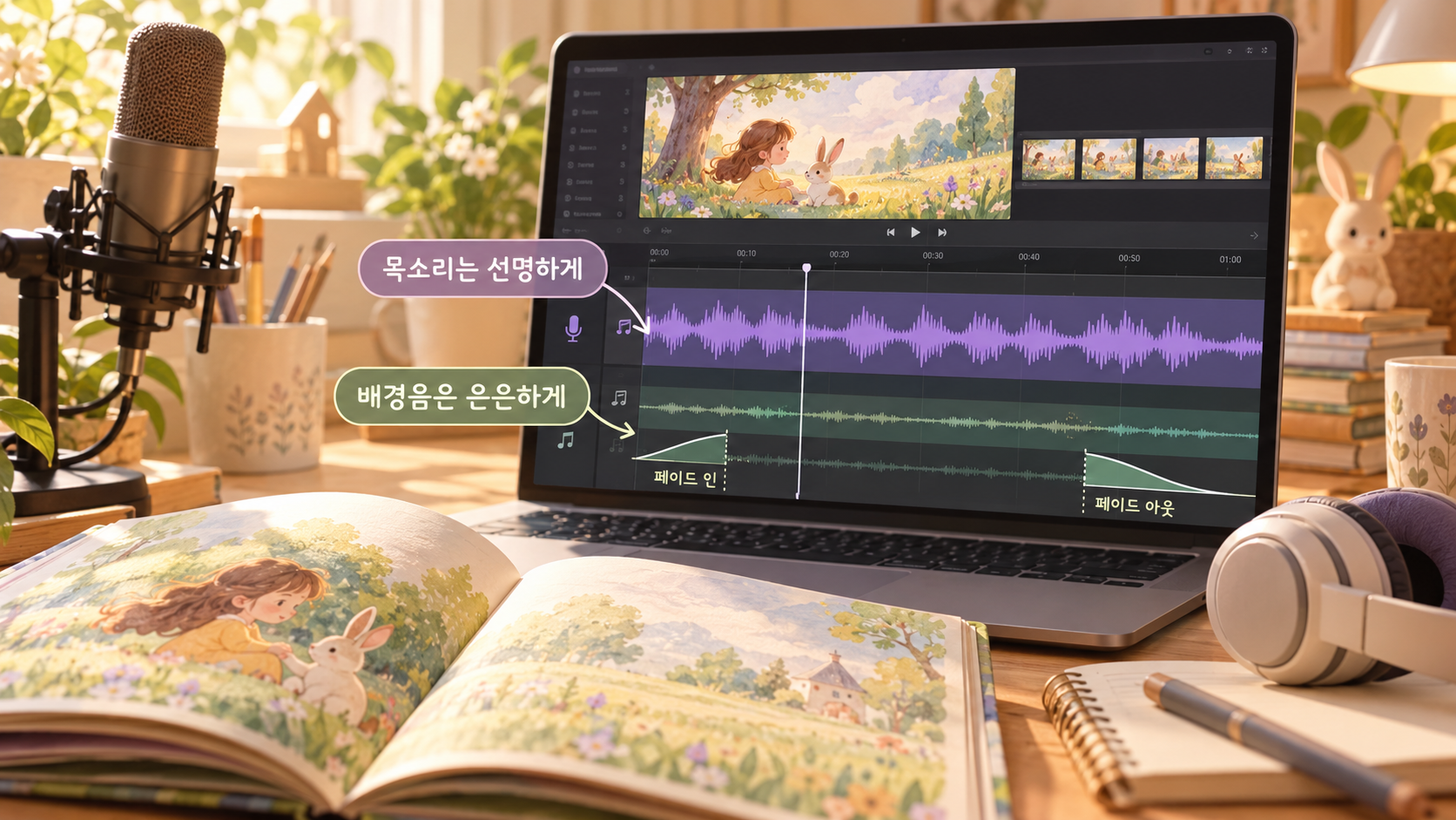 동화 오디오 편집의 따뜻한 작업공간