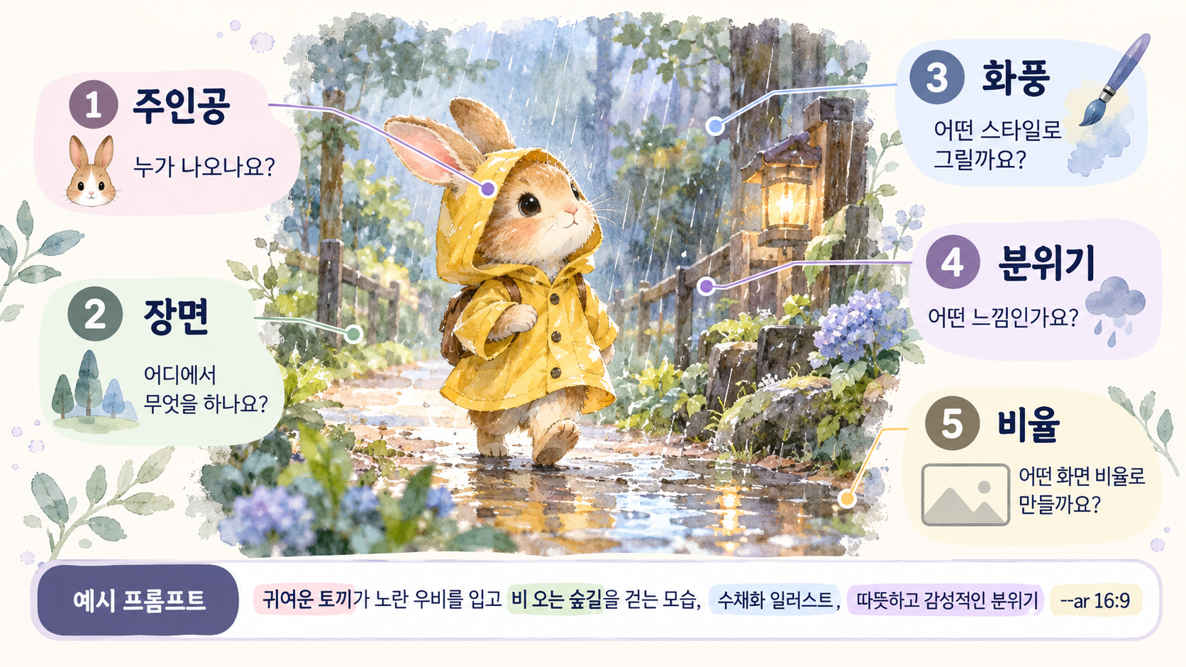 비 오는 숲속 토끼 프롬프트 가이드