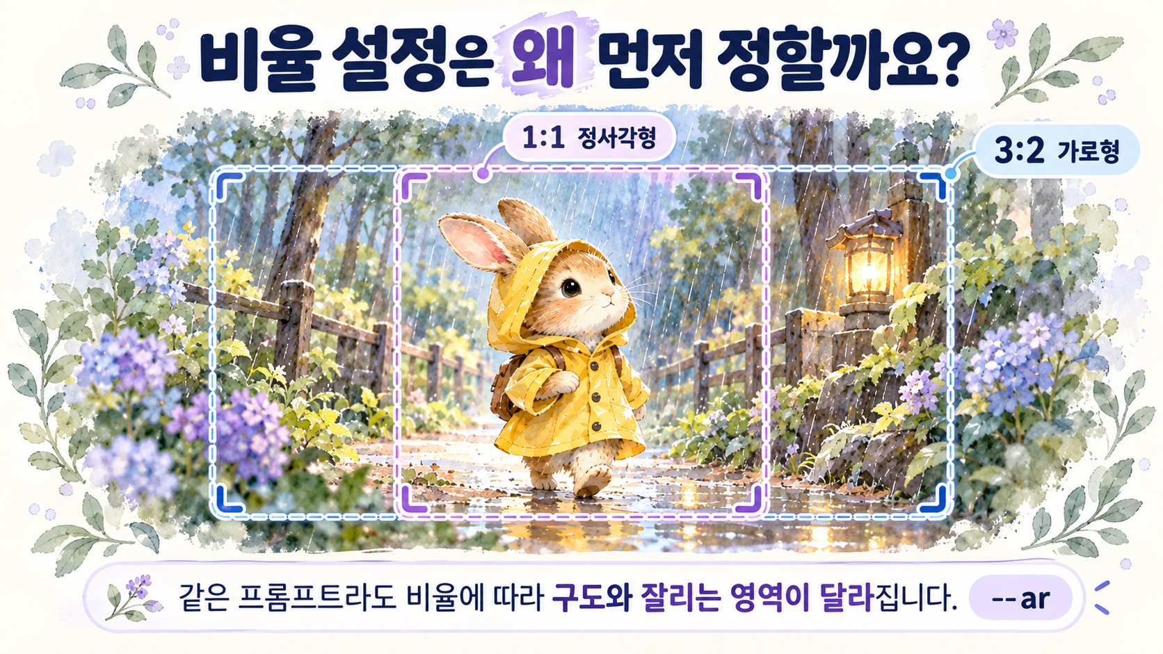 파스텔 비율 안내와 비 오는 숲길